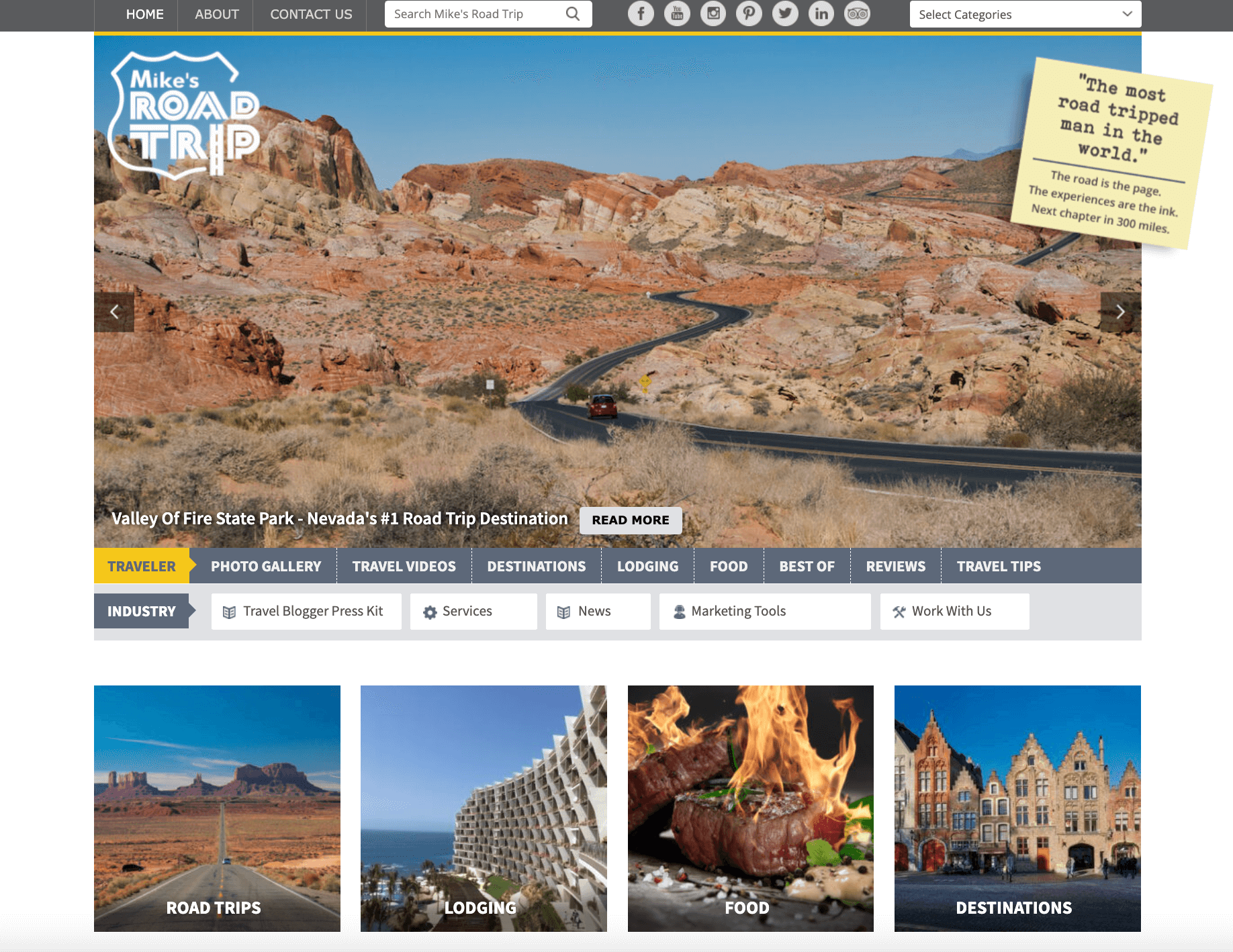 Screenshot of the homepage of the travel blog Mike's Road Trip