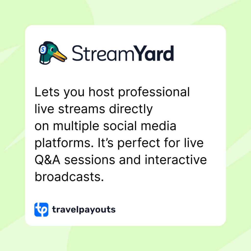 StreamYard lets you host professional live streams directly on multiple social media platforms. It’s perfect for live Q&A sessions and interactive broadcasts