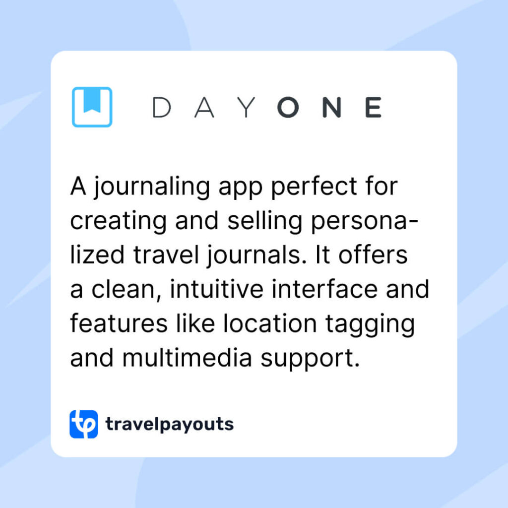 Day One is a journaling app perfect for creating and selling personalized travel journals. It offers a clean, intuitive interface and features like location tagging and multimedia support