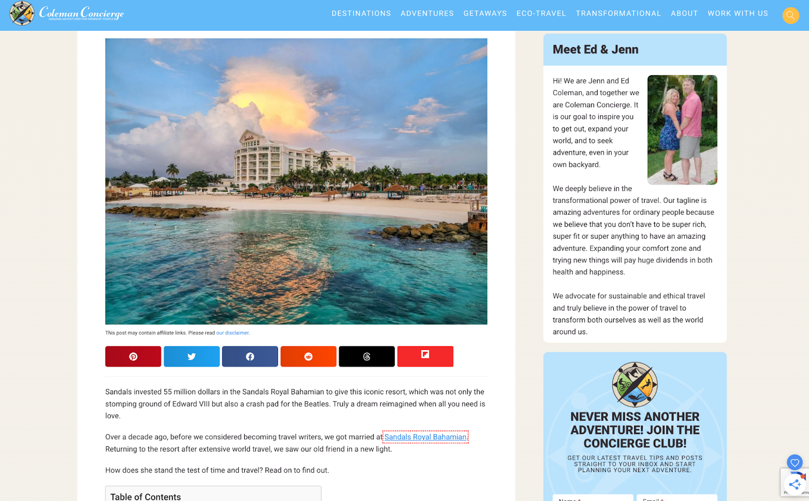 Screenshot of the review of the Sandals Royal Bahamian on the blog Coleman Concierge