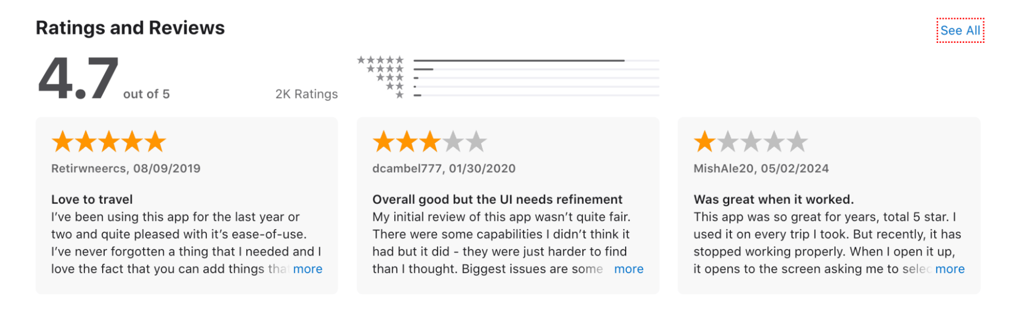 An example of the reviews for mobile app